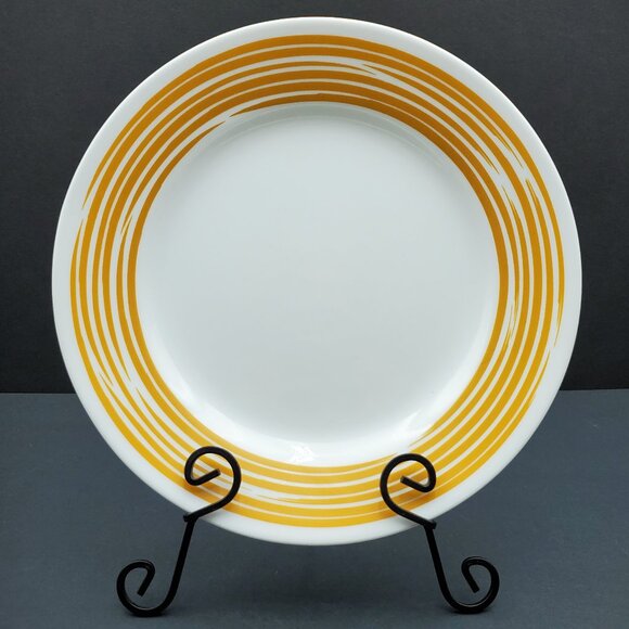 Corelle Strokes of Color Brushed Lemon Yellow Luncheon Plates Gold Bands Stripes - Picture 2 of 5